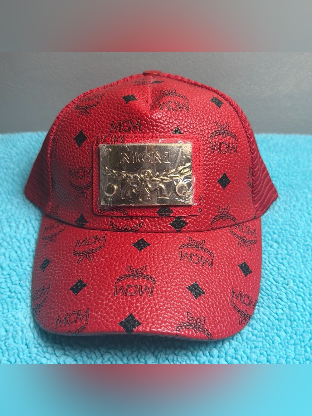 MCM Red Leather Logo Baseball Cap with Gold Plaque